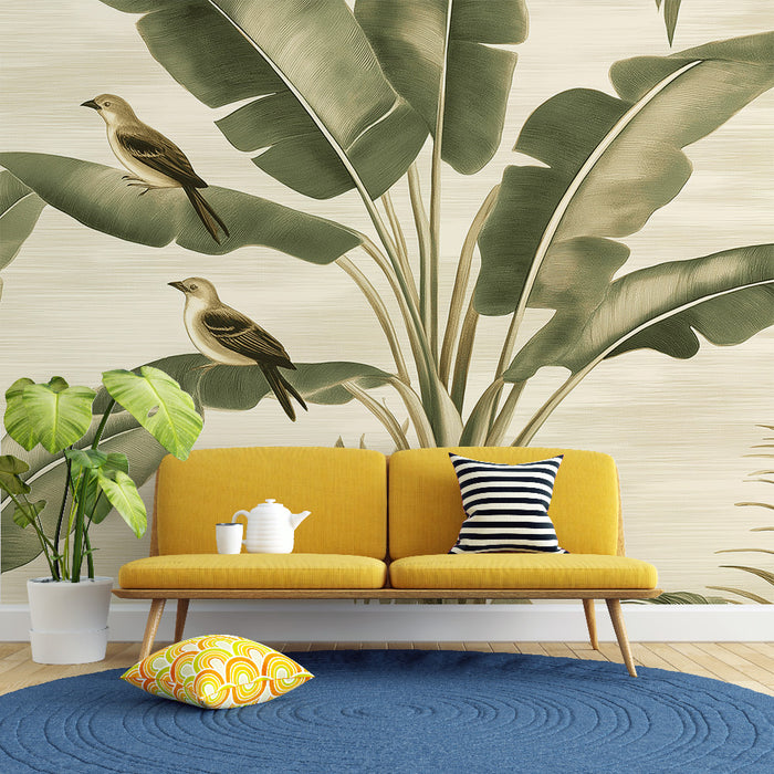 Papier peint tropical | Oiseaux perchés sur des feuilles luxuriantes