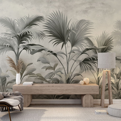 Une pièce lumineuse avec un papier peint tropical en nuances de gris représentant des feuillages luxuriants, créant une ambiance apaisante et contemporaine.