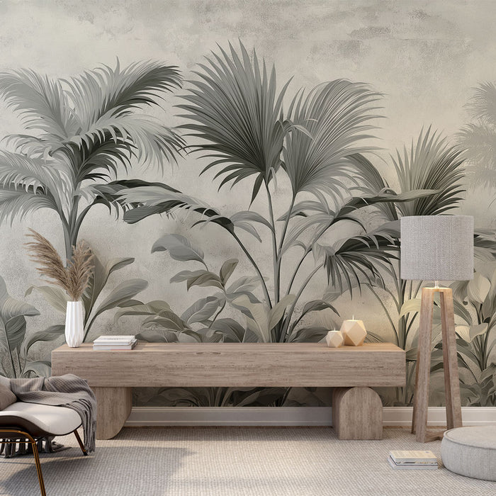 Une pièce lumineuse avec un papier peint tropical en nuances de gris représentant des feuillages luxuriants, créant une ambiance apaisante et contemporaine.