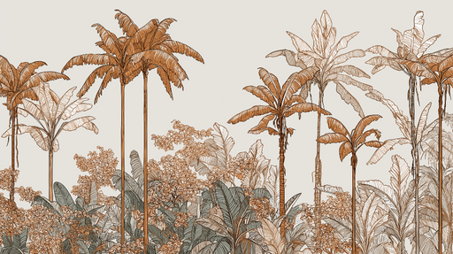 Papier peint tropical Palmiers et feuillage délicat dans des tons chauds