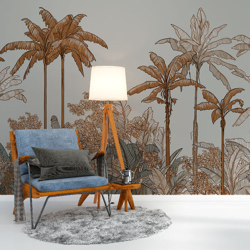 Une pièce de vie accueillante avec un papier peint tropical aux motifs de palmiers en nuances de brun sur fond gris, créant une atmosphère chaleureuse et naturelle.