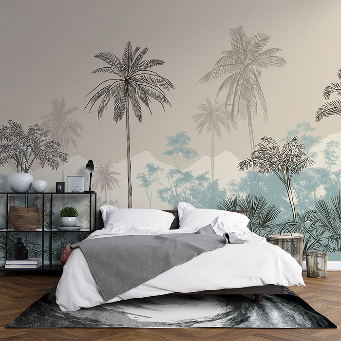 Papier peint tropical | Palmiers et feuillage doux sur fond beige