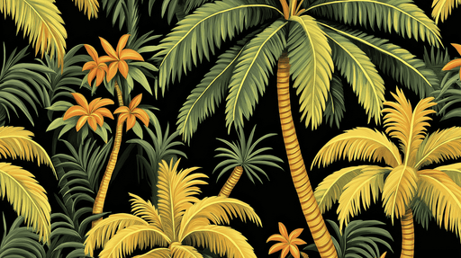 Papier peint tropical Palmiers et fleurs aux nuances dorées sur fond noir