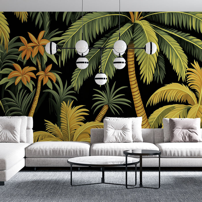 Un salon moderne avec un papier peint tropical représentant des palmiers et des fleurs aux teintes vives sur fond noir, créant une atmosphère exotique et dynamique.
