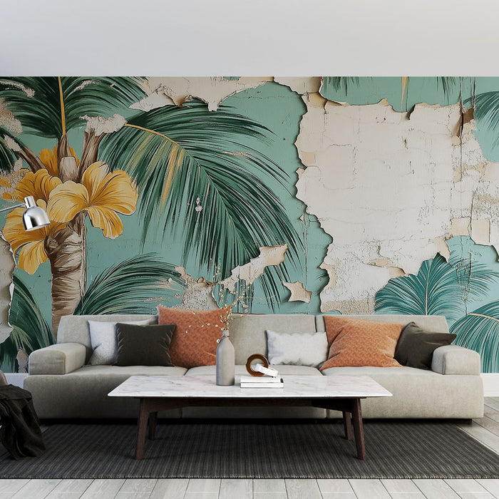 Papier peint tropical | Palmiers et fleurs jaunes sur fond vintage