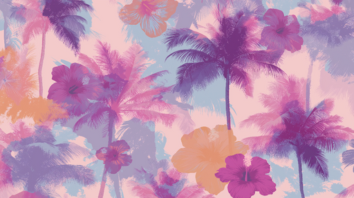 Papier peint tropical Palmiers et hibiscus dans des teintes pastel