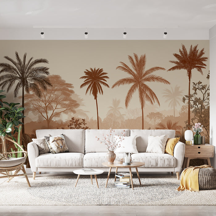 Papier peint tropical | Palmiers et plantes exotiques dans des tons chauds