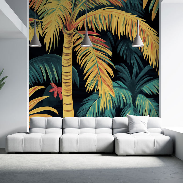 Papier peint tropical | Palmiers lumineux et feuillage coloré