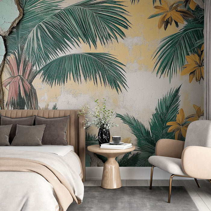 Papier peint tropical | Palmiers luxuriants avec fleurs éclatantes