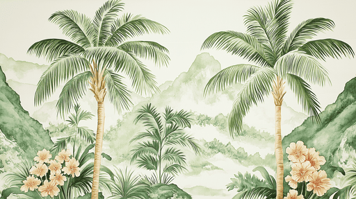 Papier peint tropical Palmiers luxuriants et fleurs délicates