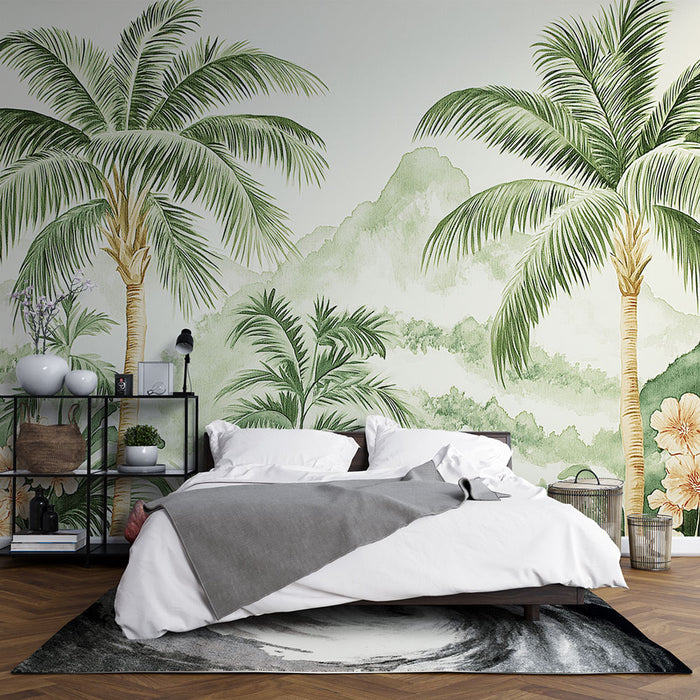 Papier peint tropical | Palmiers luxuriants et fleurs délicates