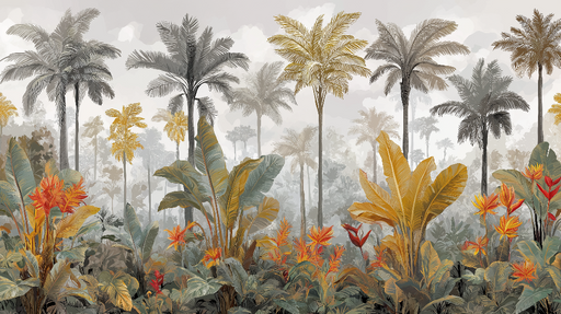 Papier peint tropical Palmiers majestueux et feuillage coloré