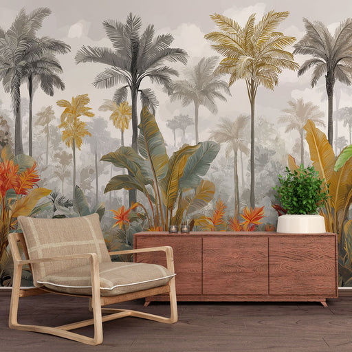 Une pièce moderne avec un papier peint tropical représentant des palmiers et des feuillages colorés sur fond doux, créant une ambiance chaleureuse et apaisante.