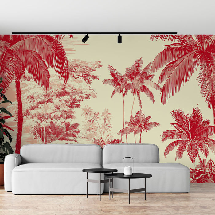 Papier peint tropical | Palmiers rouges sur fond crème