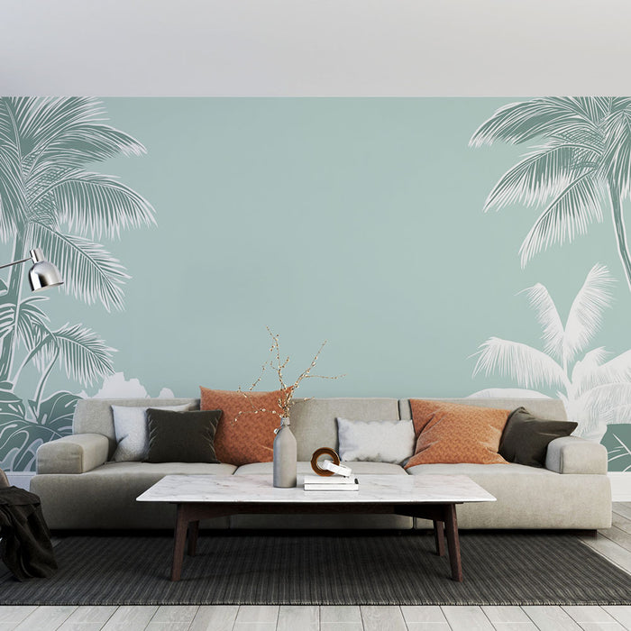 Papier peint tropical | Palmiers stylisés sur fond bleu clair