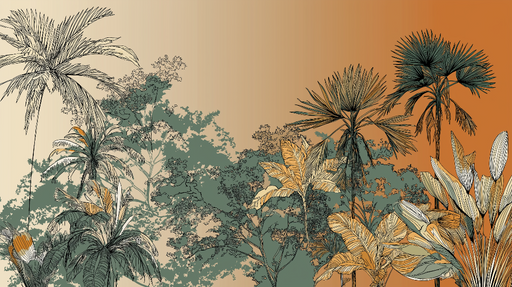 Papier peint tropical Palmiers stylisés sur fond dégradé de couleurs chaudes