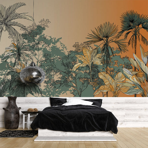 Une chambre moderne avec un papier peint tropical aux motifs de feuillages exotiques dans des teintes vertes et dorées sur un fond dégradé orangé, créant une ambiance chaleureuse et apaisante.