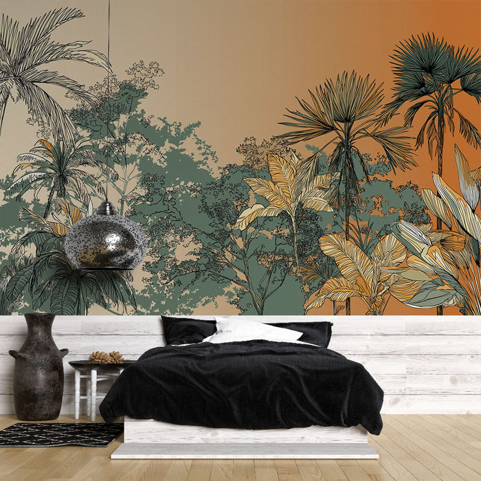 Une chambre moderne avec un papier peint tropical aux motifs de feuillages exotiques dans des teintes vertes et dorées sur un fond dégradé orangé, créant une ambiance chaleureuse et apaisante.