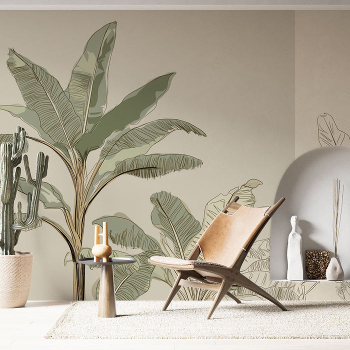 Une pièce moderne avec un papier peint tropical aux grandes feuilles vertes stylisées sur un fond beige, créant une ambiance apaisante et naturelle.