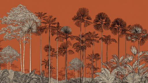 Papier peint tropical Palmiers stylisés sur fond rouge terracotta