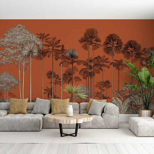 Un salon moderne avec un papier peint tropical aux motifs de palmiers et d'arbres sur un fond terracotta, créant une ambiance chaleureuse et accueillante.