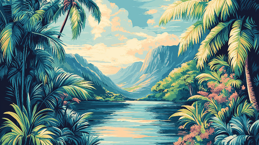 Papier peint tropical Paysage de montagnes et de rivières