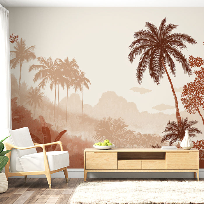 Une pièce lumineuse avec un papier peint tropical aux nuances de beige et terracotta représentant des palmiers et une végétation luxuriante, créant une atmosphère apaisante et chaleureuse.