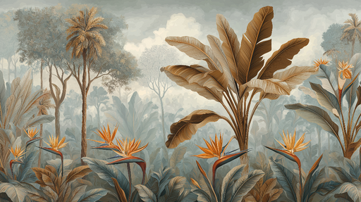 Papier peint tropical Paysage luxuriant avec fleurs exotiques et feuillage délicat