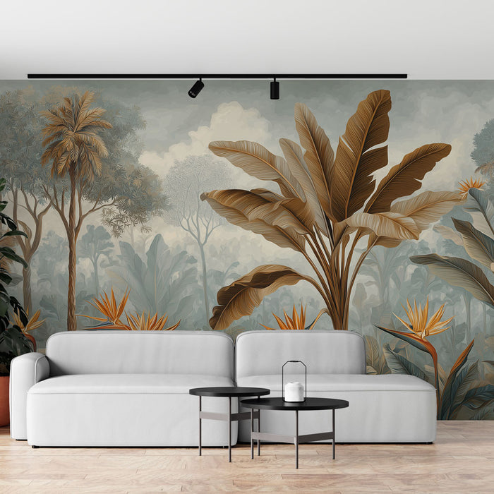 Un salon contemporain avec un papier peint tropical aux teintes douces, représentant de grandes feuilles et des fleurs exotiques dans des tons de vert et d'orange.
