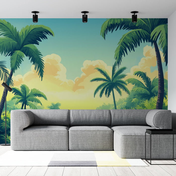 Papier peint tropical | Paysage luxuriant avec palmiers et ciel lumineux