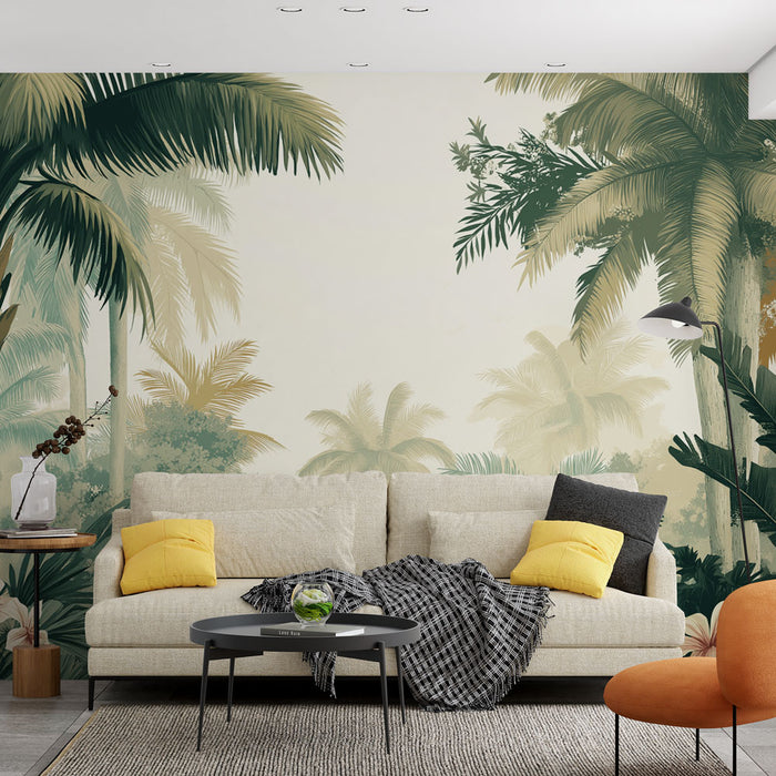Un salon moderne avec un papier peint tropical représentant de grandes palmiers verdoyants sur un fond clair, créant une atmosphère apaisante et naturelle.