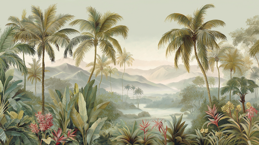 Papier peint tropical Paysage luxuriant avec palmiers et montagnes lointaines