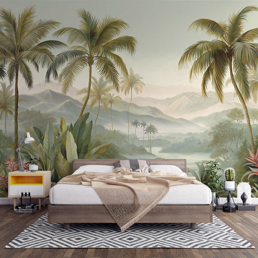Une chambre apaisante avec un papier peint tropical représentant des palmiers et des montagnes dans des teintes douces, créant une atmosphère sereine et naturelle.