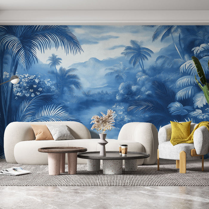 Papier peint tropical | Paysage tropical en bleu marine et pastel