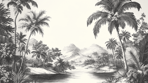 Papier peint tropical Paysage tropical inachevé en noir et blanc