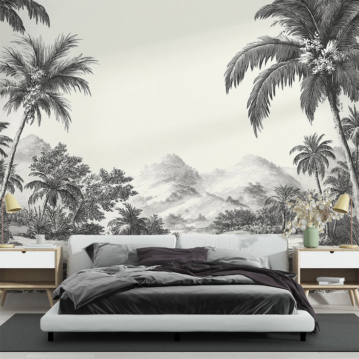 Papier peint tropical | Paysage tropical inachevé en noir et blanc
