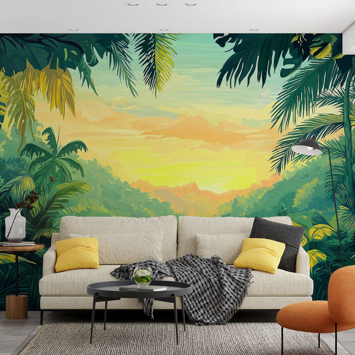 Papier peint tropical | Paysage verdoyant au coucher de soleil