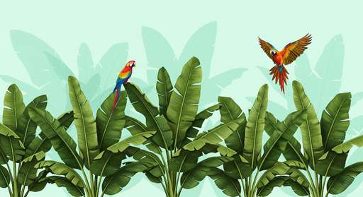 Papier peint tropical Perroquets colorés parmi des feuilles luxuriantes