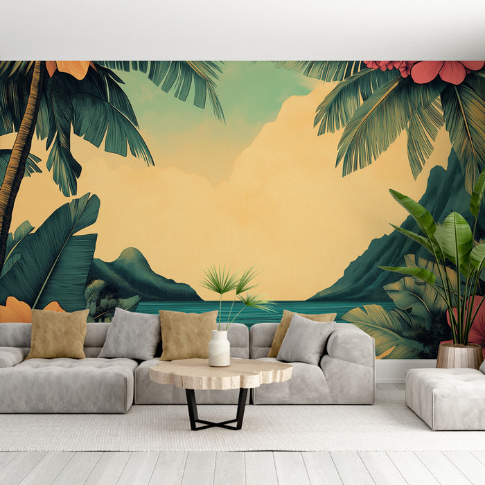 Papier peint tropical | Plage de rêve avec palmiers et fleurs exotiques