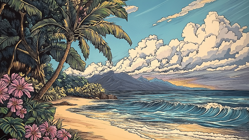 Papier peint tropical Plage et Palmiers au Coucher de Soleil