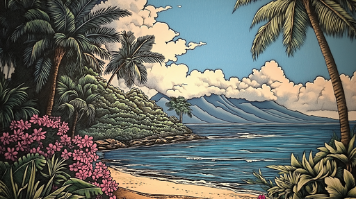 Papier peint tropical Plage et Palmiers en couleur vibrante