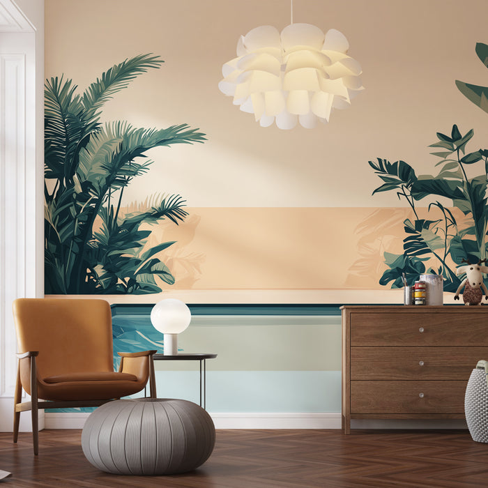 Une pièce lumineuse avec un papier peint tropical représentant de grandes feuilles vertes sur un fond beige et bleu, créant une atmosphère apaisante et naturelle.