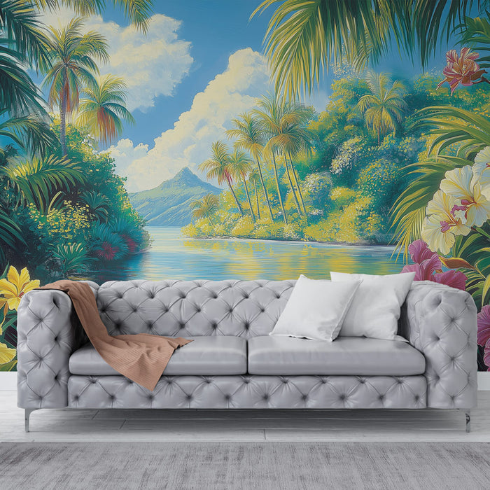 Un salon élégant avec un papier peint tropical vibrant représentant une scène de bord de mer avec des palmiers luxuriants et des fleurs colorées, créant une ambiance relaxante et ensoleillée.
