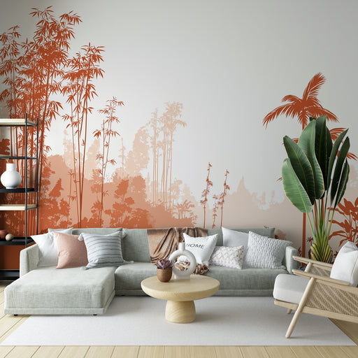 Un salon moderne avec un papier peint tropical dégradé orange représentant des silhouettes de bambous et de palmiers, créant une ambiance chaleureuse et apaisante.