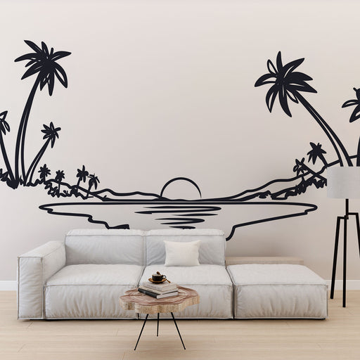 Un salon moderne avec un papier peint représentant des palmiers stylisés et un coucher de soleil minimaliste, créant une ambiance apaisante et tropicale.