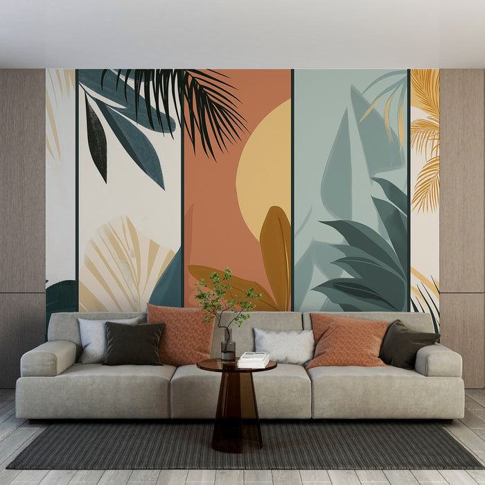 Un salon moderne avec un papier peint tropical aux teintes douces et graphiques, représentant des feuilles exotiques et un soleil apaisant.