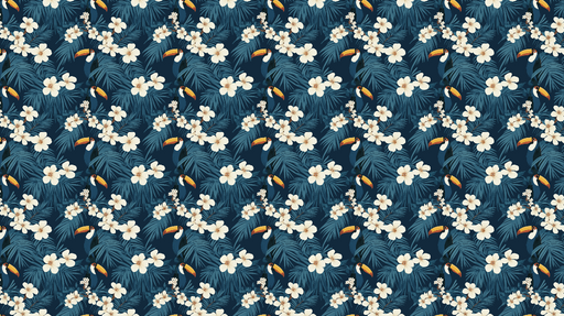 Papier peint tropical Toucans entre feuillage luxuriant et fleurs blanches