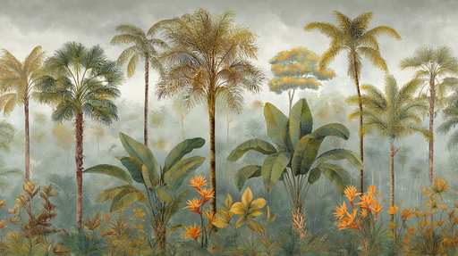 Papier peint tropical Une forêt luxuriante aux nuances dorées et vertes