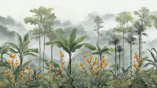 Papier peint tropical Une luxuriance florale aux nuances dorées et vertes