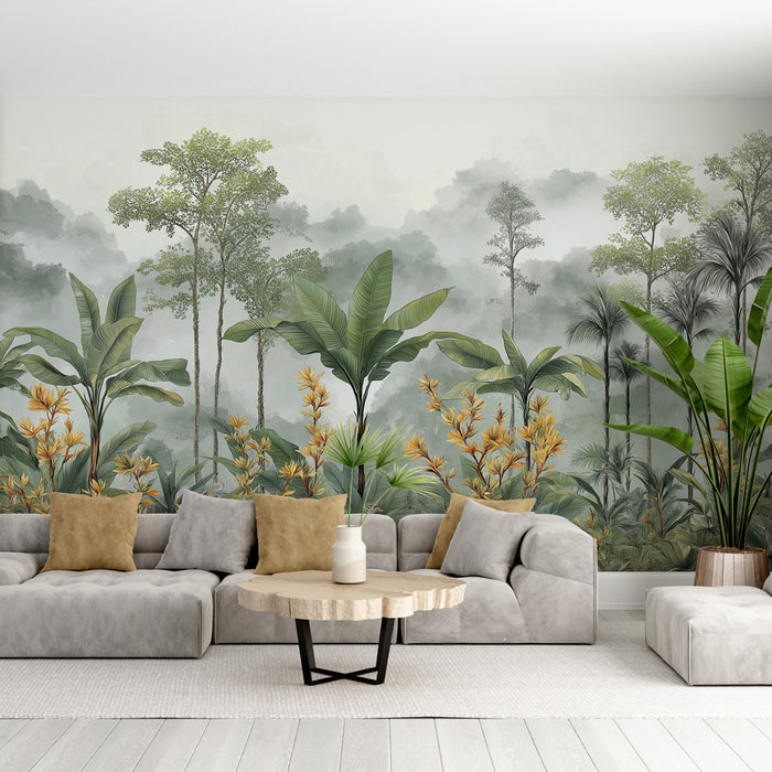 Une salle de séjour moderne avec un papier peint tropical représentant une forêt luxuriante aux nuances vertes et aux fleurs jaunes, créant une atmosphère apaisante et naturelle.